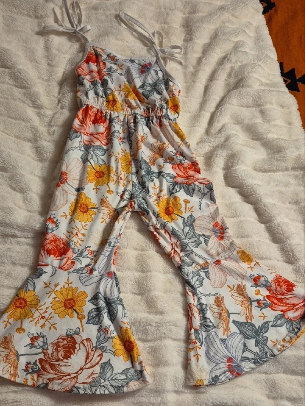 Source Unknown White Jumpsuit with Yellow & Orange Floral Print